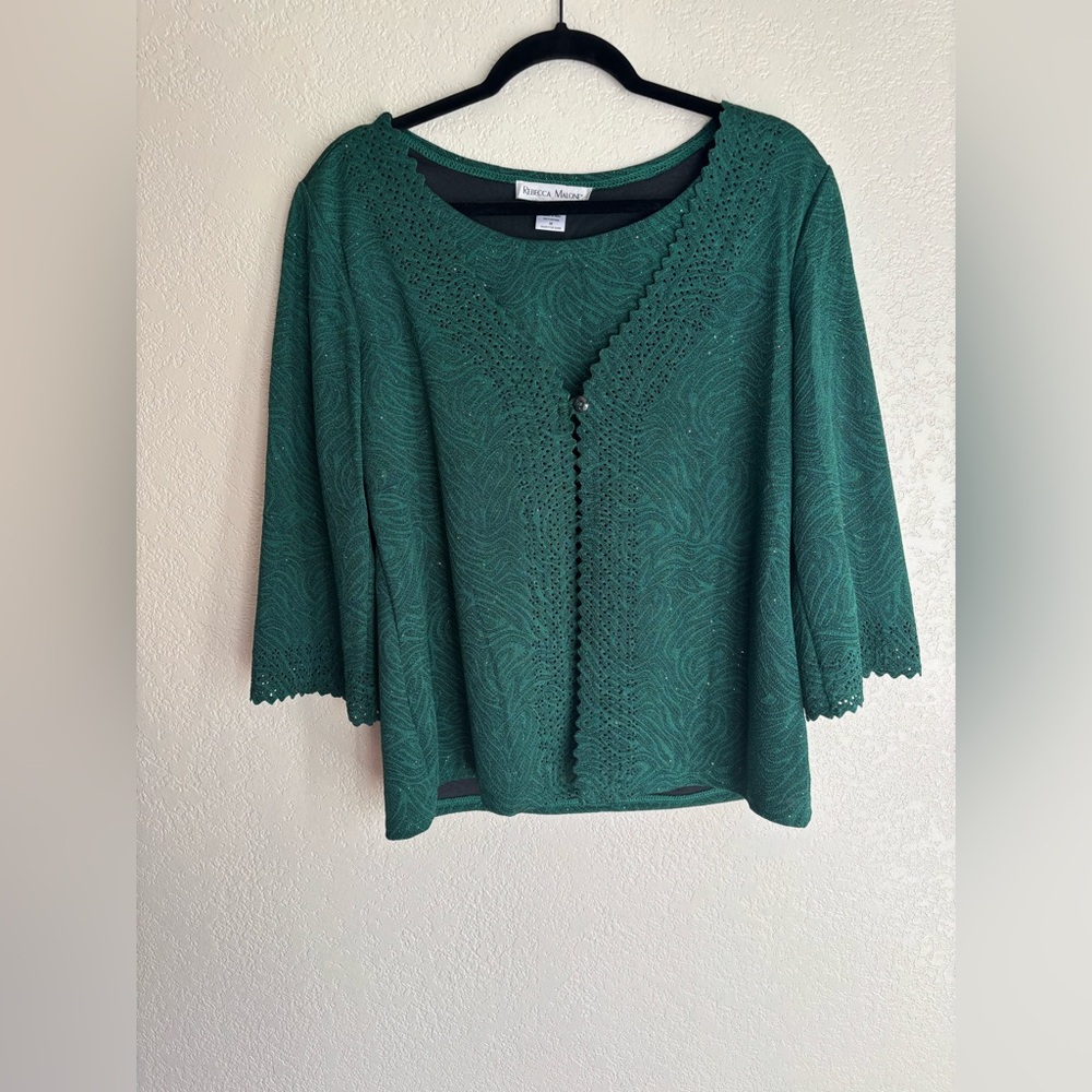 Rebecca Malone Emerald Green Layered Blouse Shimmer Scallops 3/4 Sleeve